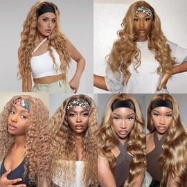 GzorOuzr #27 Curly Wave Headband Human Hair Wigs Ombre Brazilian Remy Human Hair Wigs For Women 130% Density Glueless No Lace Wig Honey Blonde Headband Wigs For Women 18 Inch