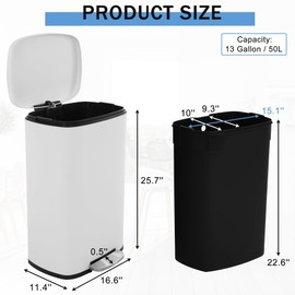 CL.HPAHKL 13 Gallon / 50 Liter Kitchen Trash Can with Lid Kitchen Garbage Can Brushed Metal Trash Can Heavy Duty Rectangle Shape Trash Bin Foot Step Kitchen Waste Bin for Home Kitchen, White