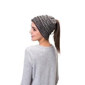 Lemef Women Cable Knit BeanieTail Messy Bun Ponytail Cap Warm Winter Beanie Hat Black Grey