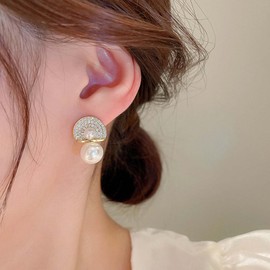 Yienate Pearl Earrings Gold French Vintage Round Beads Dangle Earrings Instructions Wrinkle Geometric Shell Shape Rhinestone Stud Earrings Bridal Crystal Beads Earrings Jewellery For Women, Zinc, No