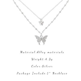 Ticome Butterfly Necklace for Women Double Layer Clavicle Chain Shiny CZ Necklace,Luxurious Niche Design Collarbone Chain,Alloy Pendant Necklace,Double Chain Necklace Jewelry for Party Gift(Silver)