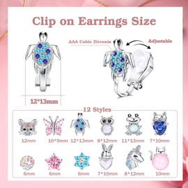 Finrezio 12 Pairs Clip on Earrings for Women Teens Hypoallergenic Cute Clip Earrings Set Flower Rainbow Butterfly Turtle Star Heart CZ Clip-on Earrings Non-Pierced Earrings Pack