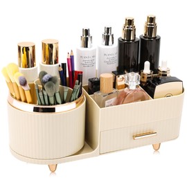 Beborxue 360° Rotating Makeup Organizer for Vanity with Drawers, Large Capacity Cosmetic Display Case, skincare organizer, Cosmetic Organizer for Lipstick, Skincare, Brushes, Eyeshadow, (Rice White)