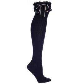 MinxNY Black Ribbed Knee High Boot Socks With Lace & Ribbon