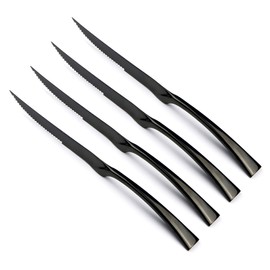 JANKNG 4-Pieces 18/10 Stainless Steel Serrated Sharp Steak Knife Set, Mirror Polishing Black