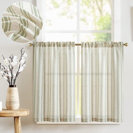 TOPICK Striped Kitchen Curtains for Living Room Bedroom Bathroom Cupboard 36 Inch Drop Linen Blend Short Curtain Light Filtering Cafe Curtains Rod Pocket Green on Beige 2 Panels