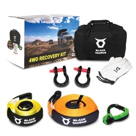 BlackTaurus Off-Road Recovery Kit – Snatch Tow Strap 17,600 lbs x 30 ft, Equalizer Strap 13,200 lbs x 9.8 ft, D-Shackles 2pcs, Soft Shackle, Gloves & Carry Bag, Heavy-Duty Vehicle Recovery Kit 4x4