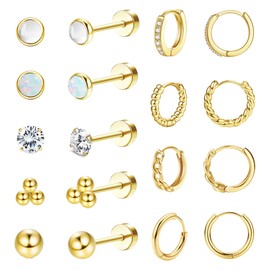 JeryWe9 Pairs Stud Hoop Earrings Sets 14K Gold Plated Small Huggie Hoop Earrings Flat Back Tiny Ball CZ Stud Earrings for Women style-A