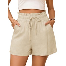 StylSense Ladies Shorts Womens Summer Cotton Linen Shorts for Women UK Elastic High Waist with Pockets Beige