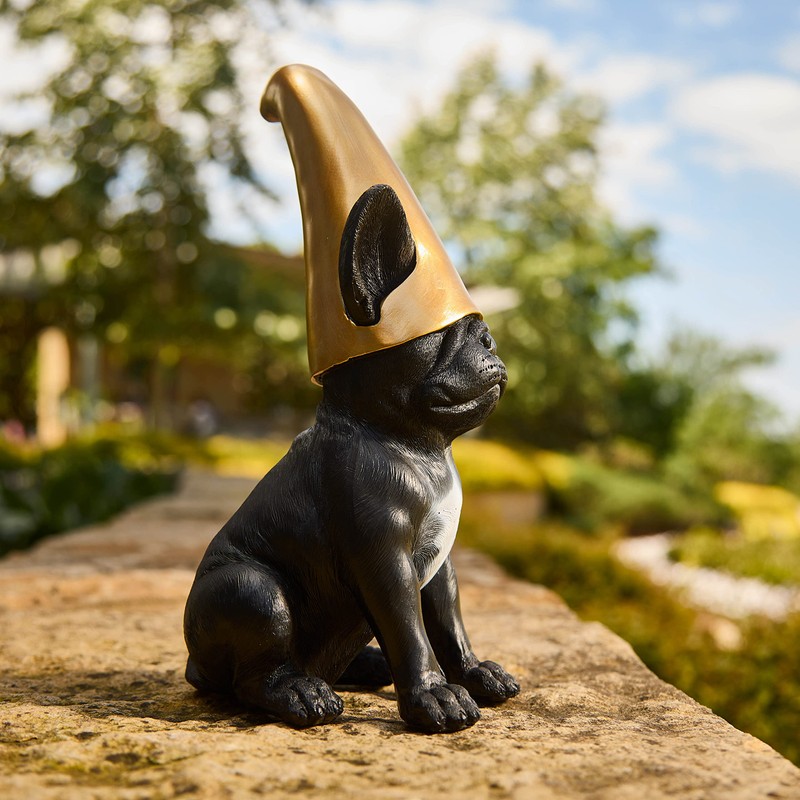 Frenchie Gnome - Black Frenchie Statue with Gold Hat |