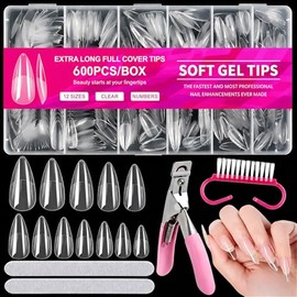 600 Pcs Uñas Postizas Transparentes con Kit 4pzs Manicure y Limas, Falsas Nail Tips Almendra Cortas 12 Tamaños, Soft Gel Tips Acrilicas Postizas,Acaba