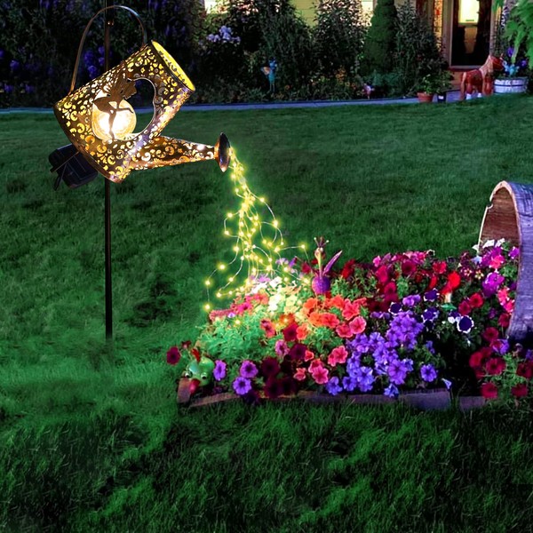 YJFWAL Solar Watering can with Lights Garden Solar Lights Waterfall Lights Waterfall Fairy Lights Outdoor Decorative Lights for Walkway Yard Decor(with 100 LED Warm White Light String)