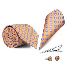SUNOGE Necktie, Chief, Tie Clip, 5-piece Set, For Business, Weddings, Job Hunting, School Entrance Ceremonies, Graduation Ceremonies, Father's Day, Luxury Men's, Gift Box Included, D15 Orange