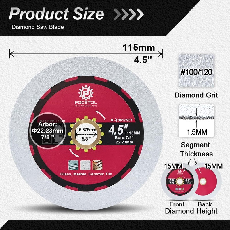 FOCSTOL Diamond Glass Cutting Disc - 3pcs 4.5''(115mm) Diamond Saw