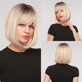onemily Ombre Blonde Bob Wig with Bangs Short Straight Dark Roots Blonde Wig Shoulder Length Wigs for Women Middle Part Style for Cosplay Patry Daily Use