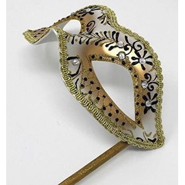 LADIES VENETIAN MASQUERADE PARTY EYE MASK ON A STICK BLACK & GOLD