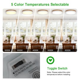 12inch Dimmable Wood led Ceiling Light,Wood Flush Mount Ceiling Light Fixture,3000K/3500K/4000K/5000K/6000K Selection,Circle Lighting Lamp with Acrylic Lampshade for Bedroom,Hallway,Kitchen