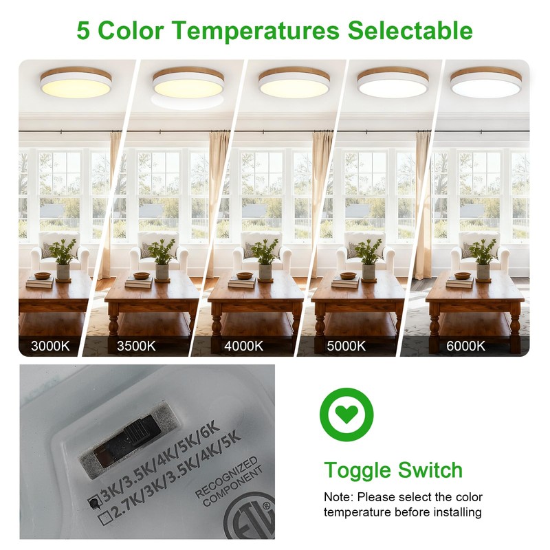 12inch Dimmable Wood led Ceiling Light,Wood Flush Mount Ceiling Light