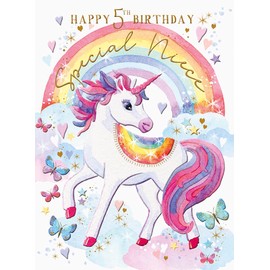 Niece 5th Birthday Card - Special Niece - Age 5 - Pretty Unicorn and Rainbow - Made in the UK - Eco-Friendly