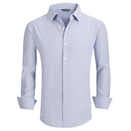 Esabel.C Seersucker Mens Dress Shirts Striped Cotton Casual Business Button Down Shirts for Men,Blue,XL