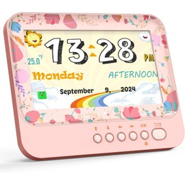 Children Alarm Clock with Large Numbers - Easy-Read Kids Learning Clock for Bedroom or Nursery, Colourful Cartoon Bedside Clock, Digital, 7 Inch (Pink+Blue)