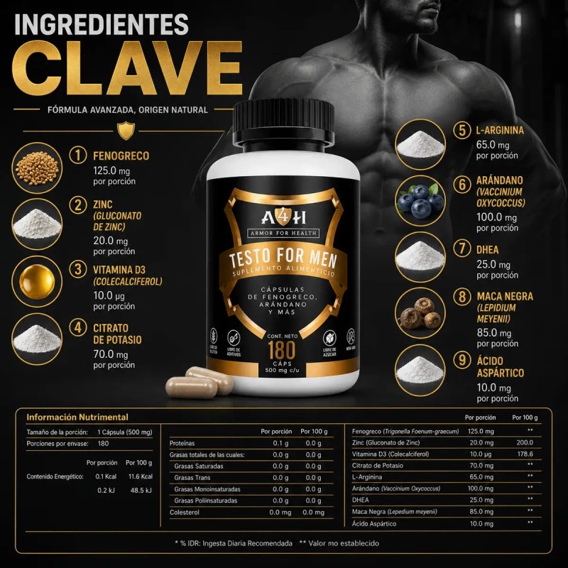 Testo For Men 180 Cápsulas Maca Negra Fenogreco Arginina A4h