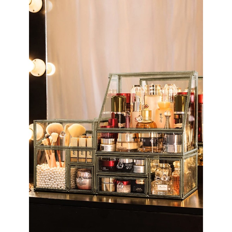 Glass Antique Brass Stackable Drawer Set Makeup Organizer for Vanity