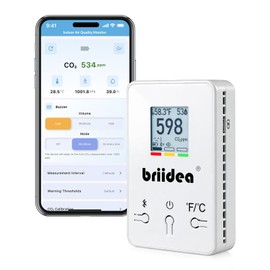 Bluetooth Portable CO2 Detector, Briidea Wireless Indoor Air Quality Monitor with NDIR Sensor for Home Office School, CO2 Temp Humidity Monitoring, App Data History, E-Ink Screen, 4-Year Battery Life