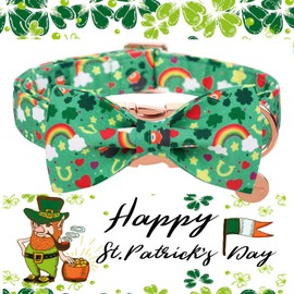 DOGWONG DOGWONG Green Lucky Clover Shamrock Dog Collar with Bowtie, Soft Adjustable St. Patrick's Day Lucky Charm Puppy Collar for Small Medium Large Dog