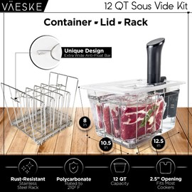 VÄESKE Insulated Sous Vide Container with Lid and Rack | Neoprene Retains Heat & Protects Countertops | Works with Most Sous Vide Cookers (12 QT)