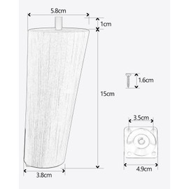 ROFMAPLE 15 cm Wooden Table Legs, Pack of 4 Solid Wood Slanted Tapered Replacement Furniture Feet, Cabinet Feet with Pre-Drilled M8 Bolts, Mounting Plates, Screws and Foot Pads for Cabinet, Sofa,