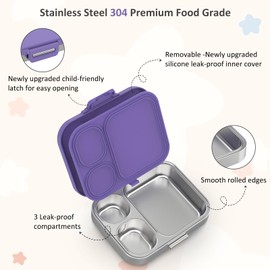Howeemo Stainless Steel Bento Box Kids, Leak Proof Metal Bento Lunch Box,3 Compartments 304 Stainless Steel Bento Lunch Containers for School and Office,Dishwasher Safe, BPA-Free(Purple)