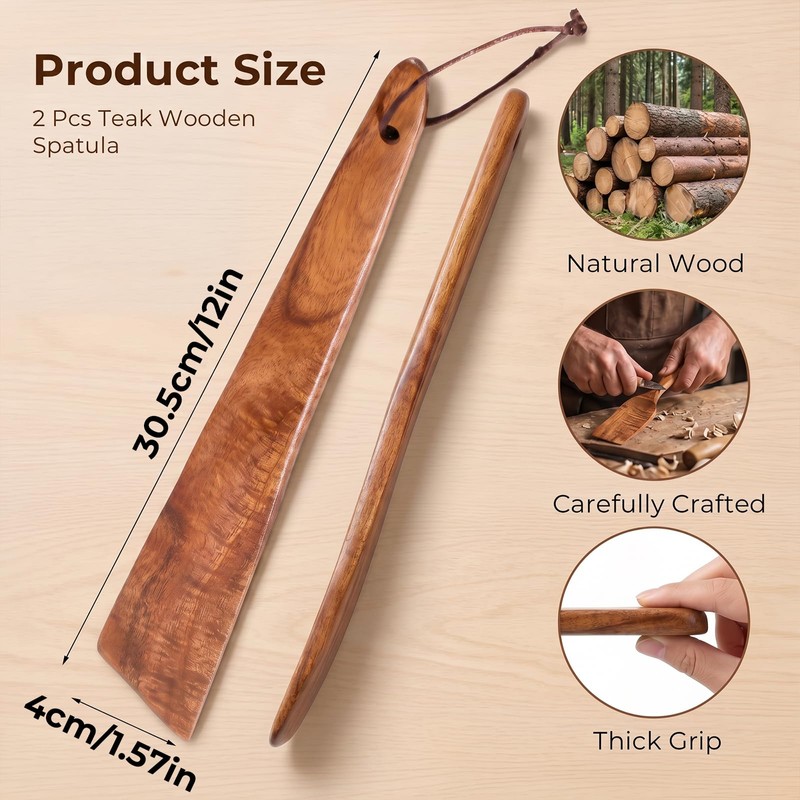 HJZHII 2PCS Wooden Spatula for Cooking, 12 Inch Flat Wood
