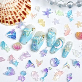 100pcs Ocean Series Nail Art Jewelry 3D Shell Starfish Dolphin Mixed Summer Ocean Diamond Nail Jewelry Mini Seaside Nail Designs Women Girls Nail Art Supplies