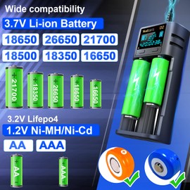 Swanlake 18650 Battery Charger,2 Bay Intellicharge LCD Display Charger for Rechargeable Batteries Li-ion NI-MH NI-Cd AA AAA C 21700 26650 18650 18350 18700 13650 16340 RCR123