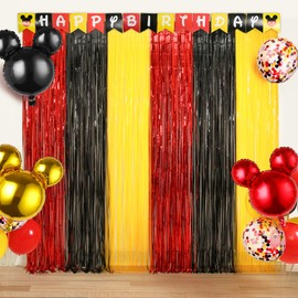 Cartoon Mouse Birthday Decorations, 2 Pack Cute Mouse Party Photo Booth Props, Black Red Yellow Teal Fringe Curtains Tinsel Photo Streamers Backdrop for Cartoon Mouse Birthday Party Supplies