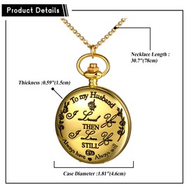 JewelryWe Engraved Pocket Watch Men's with Chain: To My Husband Analogue Quartz Chain Watch Gold Vintage Watch Pendant Necklace with Engraving I Love You Then I Love You Still Gift for Men Boyfriend