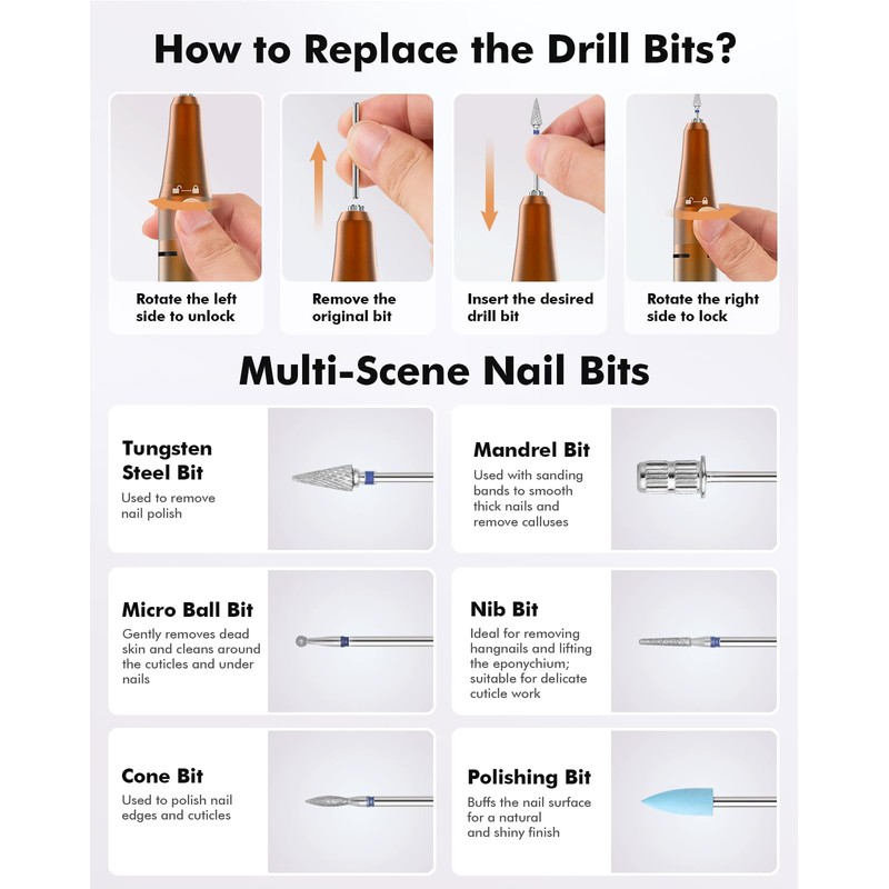 HOMEASY Nail Drill 40000RPM - Rechargeable Nail File with Bits,
