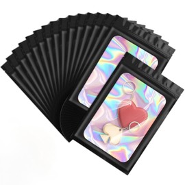 ANZNKU 100 Pcs Smell Proof Mylar Resealable Bags, Holographic Packaging Bags, Resealable Odor Foil Pouch Zip Bag with Clear Window for Food Storage and Lipgloss, Jewelry Lash (Black, 4.7 x 7.9 Inch)