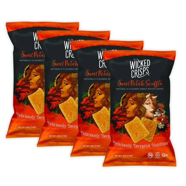 Baked Veggie Chips , Wicked Crisps - Sweet Potato Soufflé, Healthy Snack, Gluten-free, Low-fat, Non-GMO, Kosher, Crunchy Gourmet Crisps with Honey and Vanilla Flavors, No Additives or Preservatives, 4oz Party-Size Bag (4 pack)