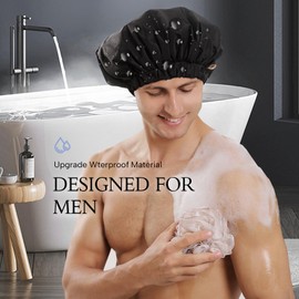 Years calm Shower Cap for Men Waterproof Reusable - Fashion Dual-Layer Design, Adjustable Elastic Band for Long & Curly Hair, XL Bath & Spa Cap for Travel, Satin Lined Shower Cap Black