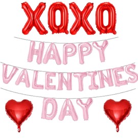 16" Pink Happy Valentines Day Heart Balloons, XXOO Valentines Day Banner Decorations as Party Supplies, Valentine's Day Decor for Home Office Classroom