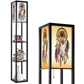 Floor Lamp with Shelves Farmhouse Industrial Standing Lights Tall Lamp Native American Indian Dream Catcher Traditional Flaxen Shade Corner Lamp for Living Room Bedroom Home Office Accent Decor