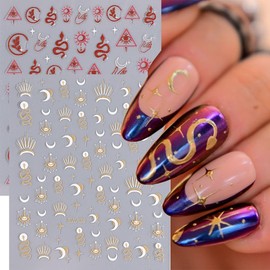 8 Sheets Snake Nail Stickers Moon Star Nail Art Stickers Yellow Red Snake 3D Self-Adhesive Nail Decals Leaf Sun Nail Designs Stickers for Women DIY Manicure Nail Art Decoration