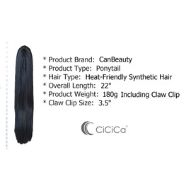 CiCiCa – “PT06”, Ponytail Extensions, Off Black Ponytail, 22 Inches Long Ponytail, Straight Ponytail, Pony Tails Hair Extensions, Claw Clip Extension, Drawstring Pony Tails, Heat-Resistant Synthetic Clip in Ponytail Extensions. (Off Black is darker than 