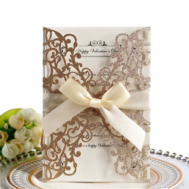Wedding Invitation Cards,10PCS Hollow Floral Design Invites Card with Ribbon Best for Bridal Showers, Engagement Parties, Includes 10x [Covers + Blank Card +Ribbon] (Glitter Rose Gold)