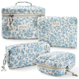 Cute Makeup Bags for Women - 4 Pcs Quilted Floral Travel Cosmetic & Toiletry Organizers for Easy Carrying and Organization - Color: Blue Rose