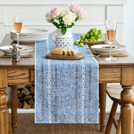 Artoid Mode Blue Rustic Cotton Linen Table Runner, Seasonal Embroidered Hollow Kitchen Dining Table Decoration for Home Party Decor 13x108 Inch