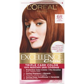 LOral Paris L'Oreal Paris Excellence Creme Permanent Triple Care Hair Color, 6R Light Auburn, Gray Coverage For Up to 8 Weeks, All Hair Types, Pack of 1