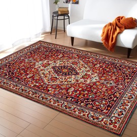 Boho Area Rug 2x3 Ft Vintage Floral Geometric Washable Area Rugs Oriental Medallion Stain Resistant Floor Carpet Non Shedding Non-Slip Indoor Mats for Living Room Bedroom